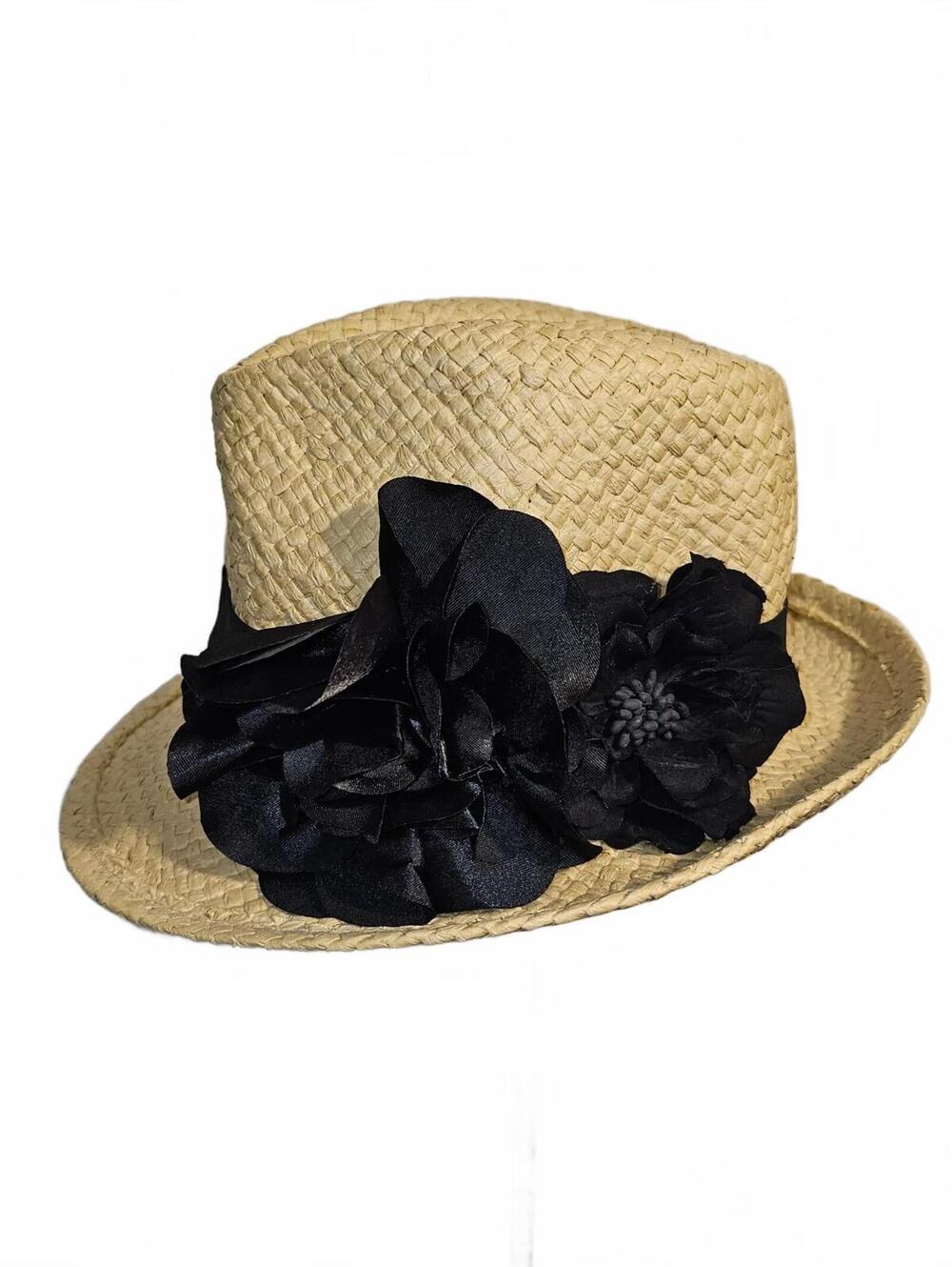 Straw Hat with Black Floral Band